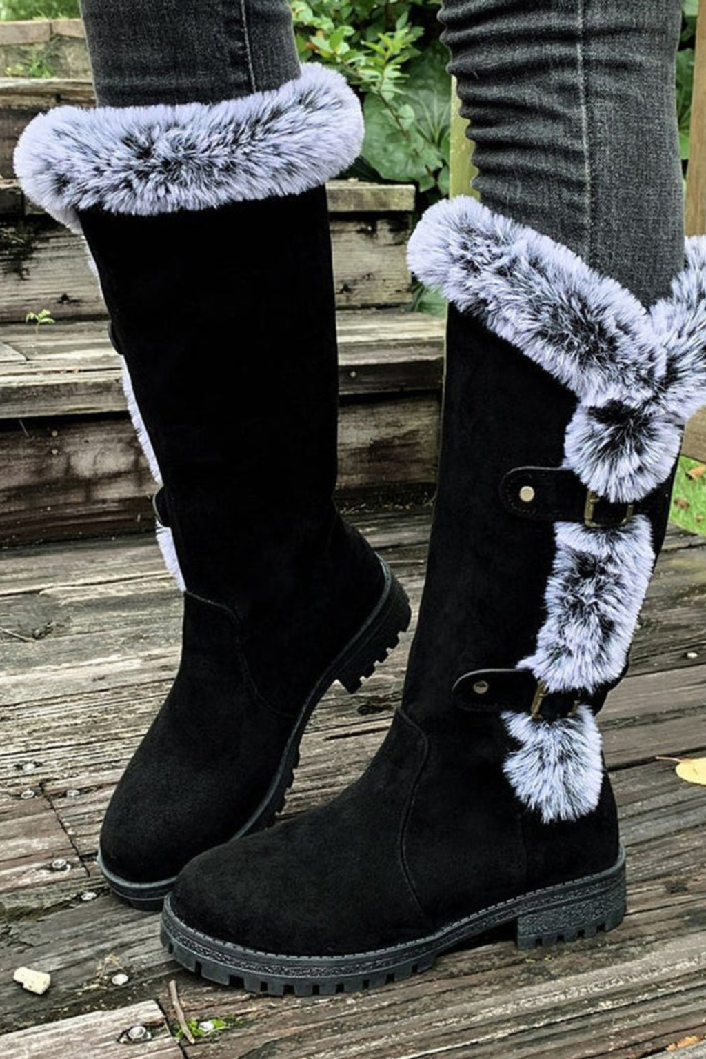 Women's Faux Suede Fur Trim Knee High Boots