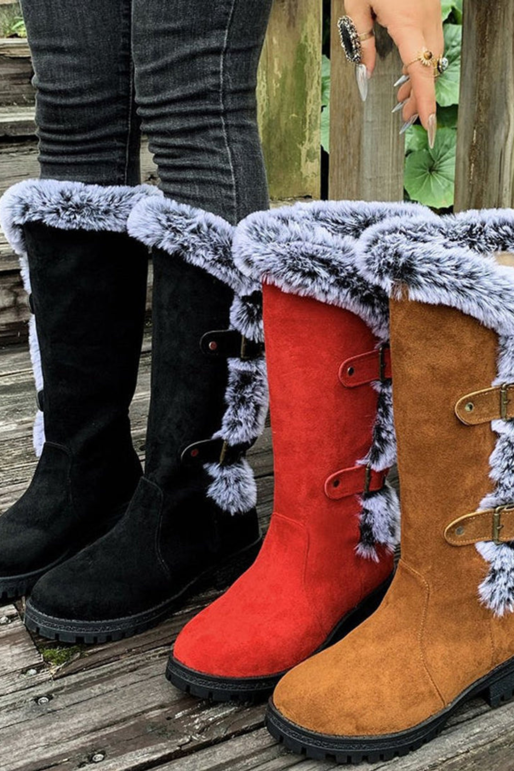 Women's Faux Suede Fur Trim Knee High Boots