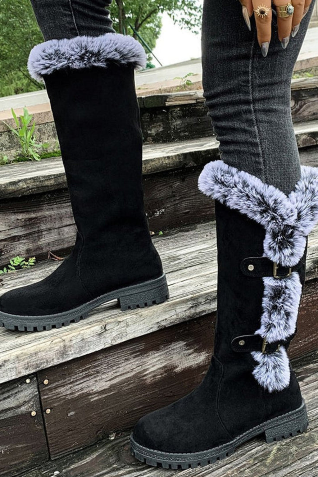 Women's Faux Suede Fur Trim Knee High Boots