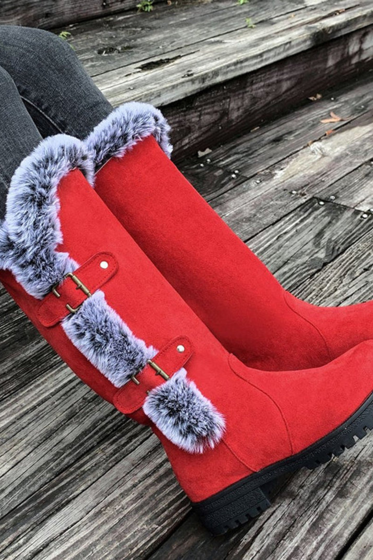 Women's Faux Suede Fur Trim Knee High Boots