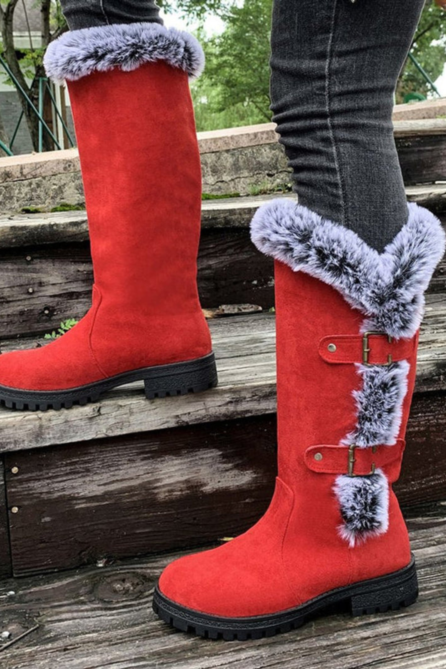Women's Faux Suede Fur Trim Knee High Boots