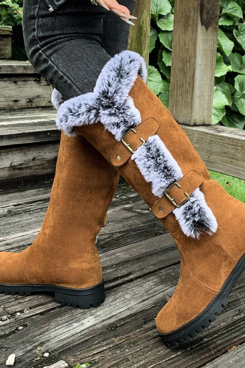 Women's Faux Suede Fur Trim Knee High Boots