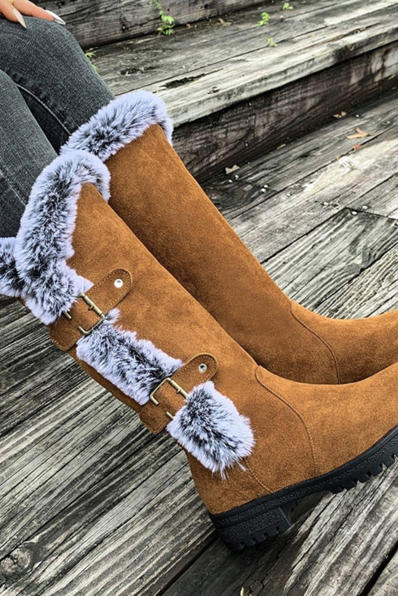 Women's Faux Suede Fur Trim Knee High Boots