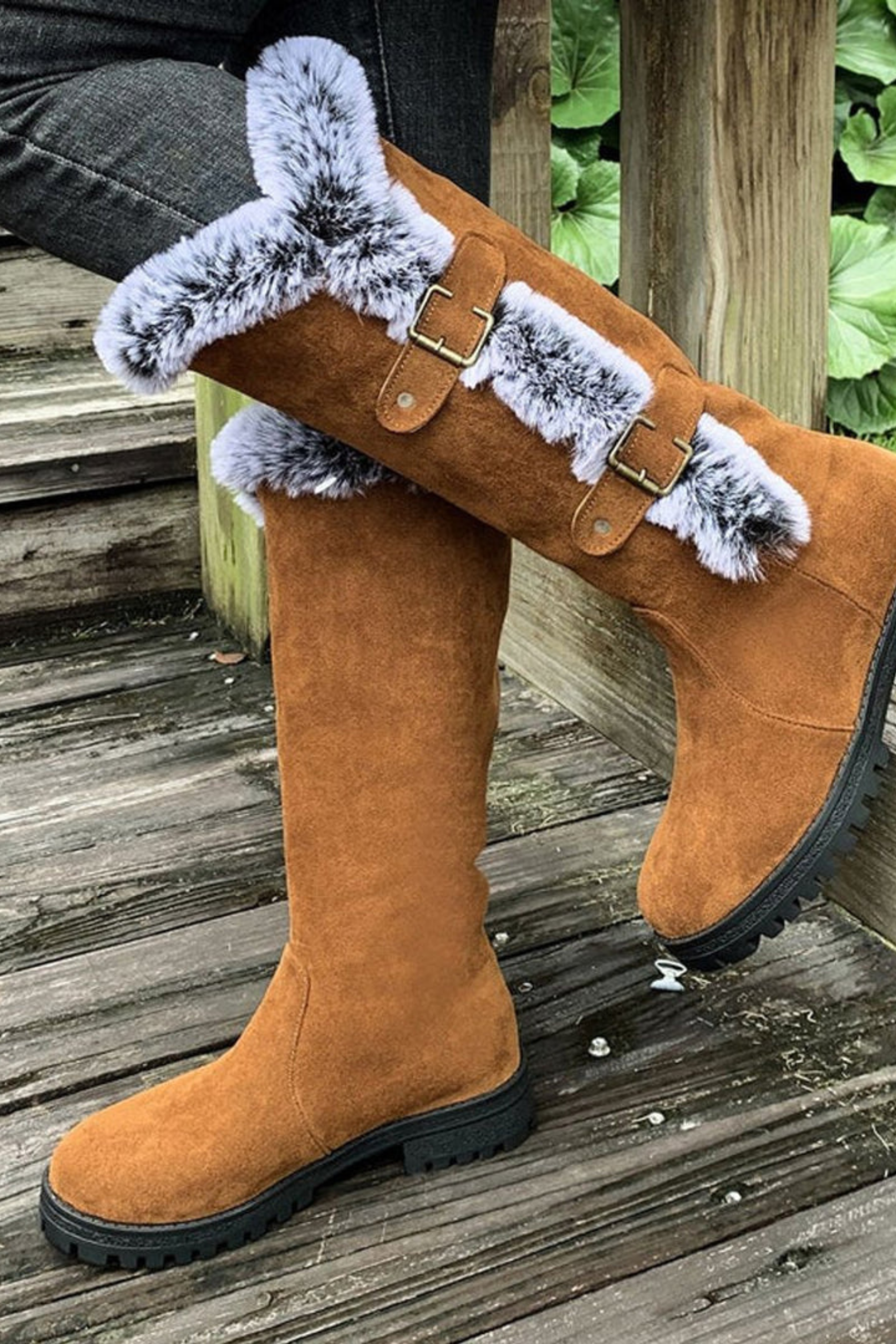 Women's Faux Suede Fur Trim Knee High Boots