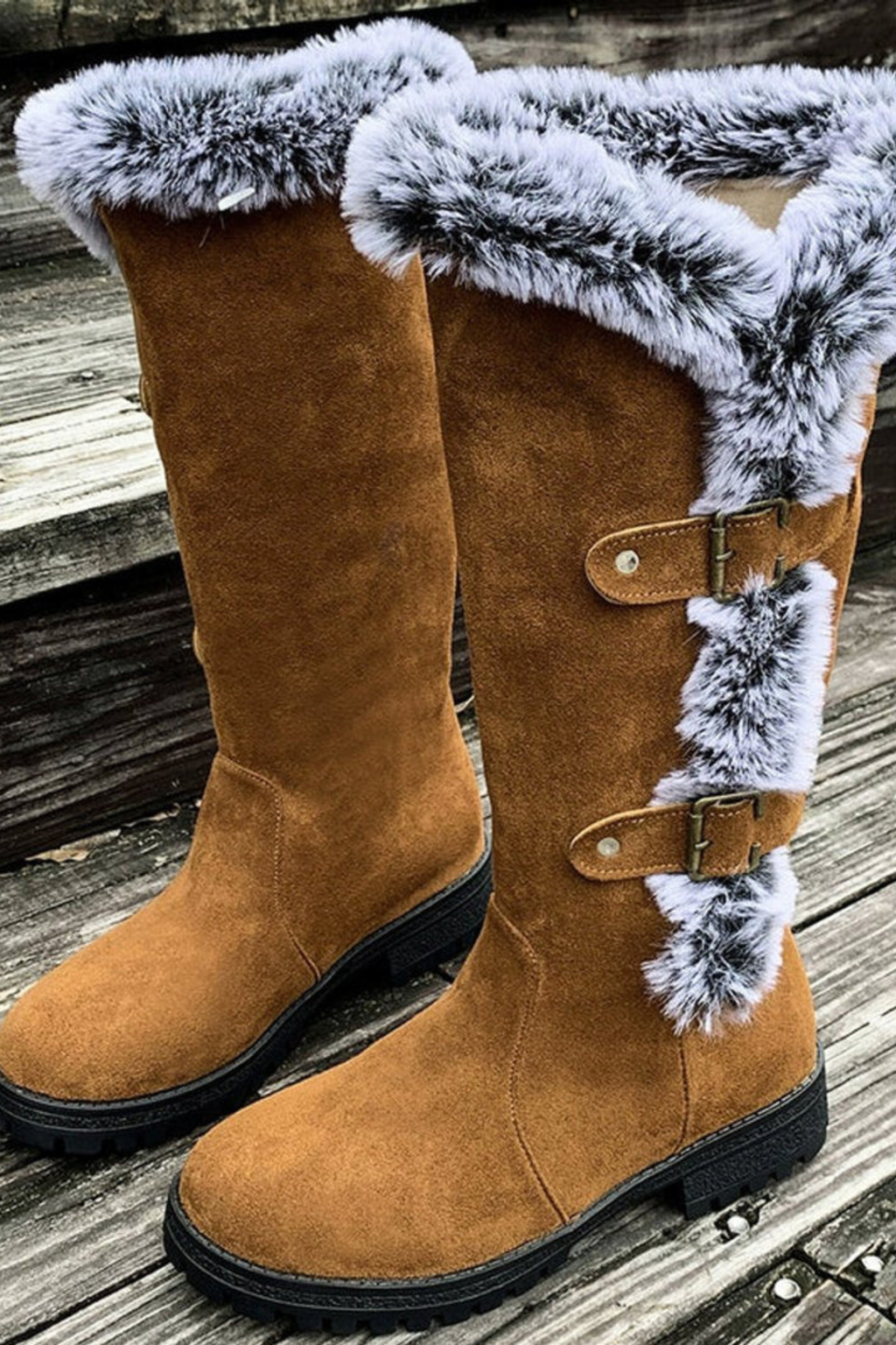 Women's Faux Suede Fur Trim Knee High Boots