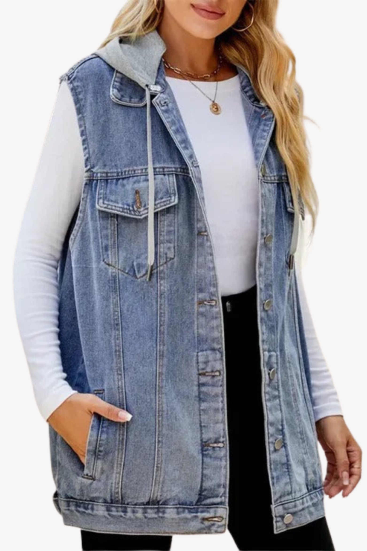 Women's Hooded Denim Button Vest