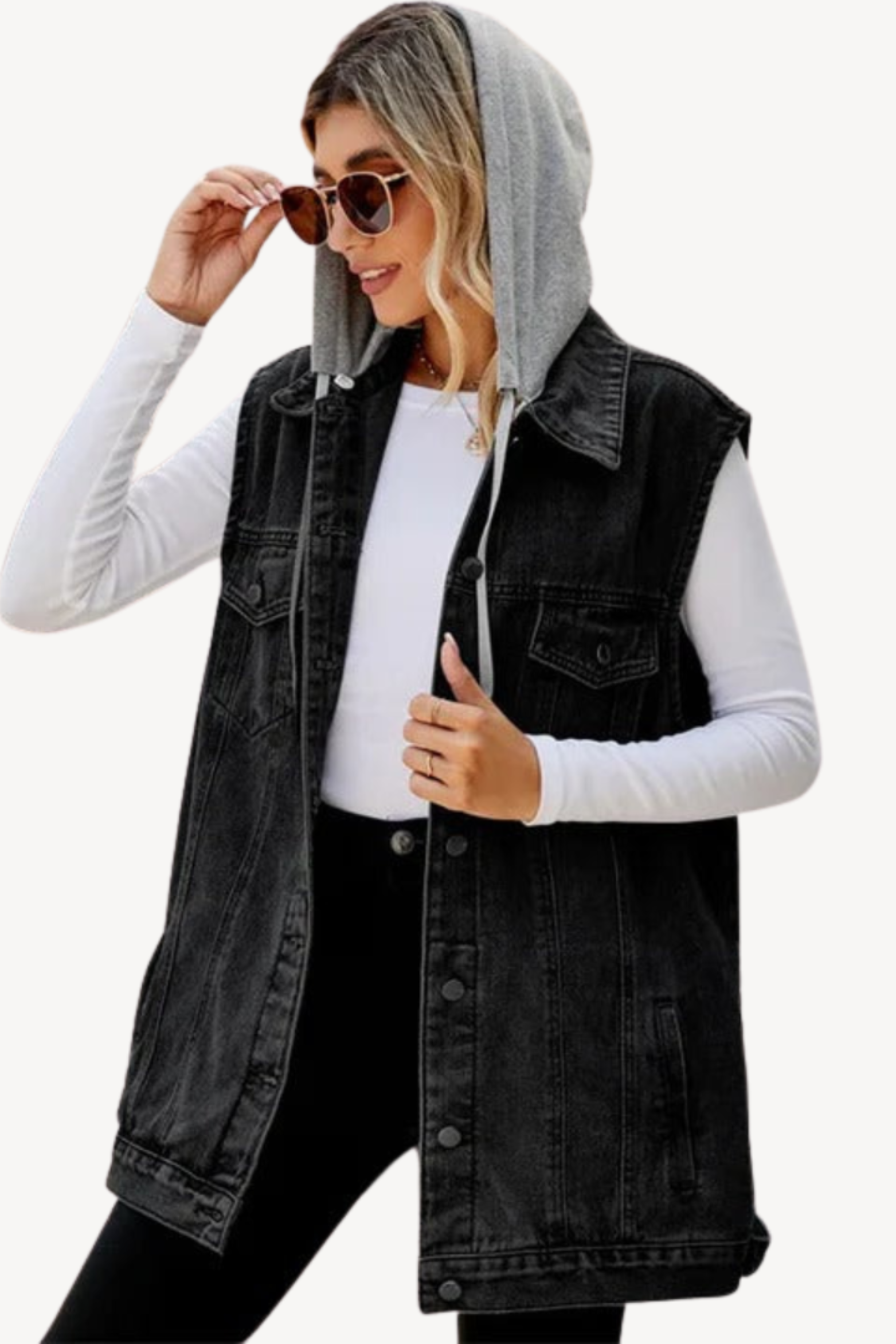 Women's Hooded Denim Button Vest
