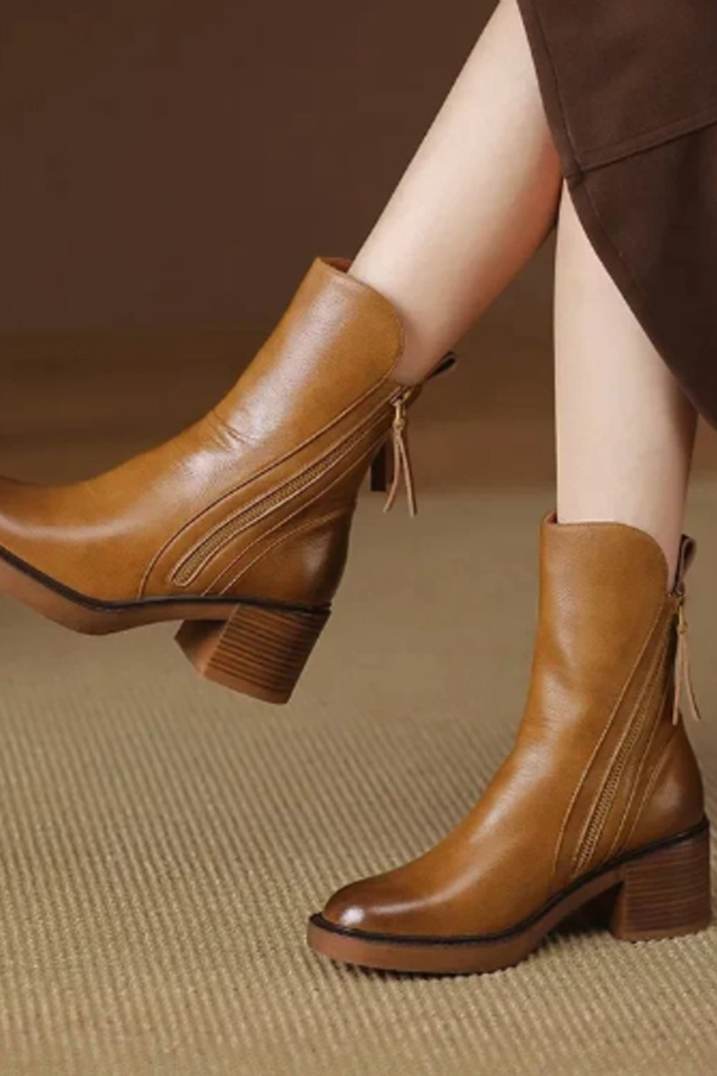 Women's Leather Block Heel Ankle Boots