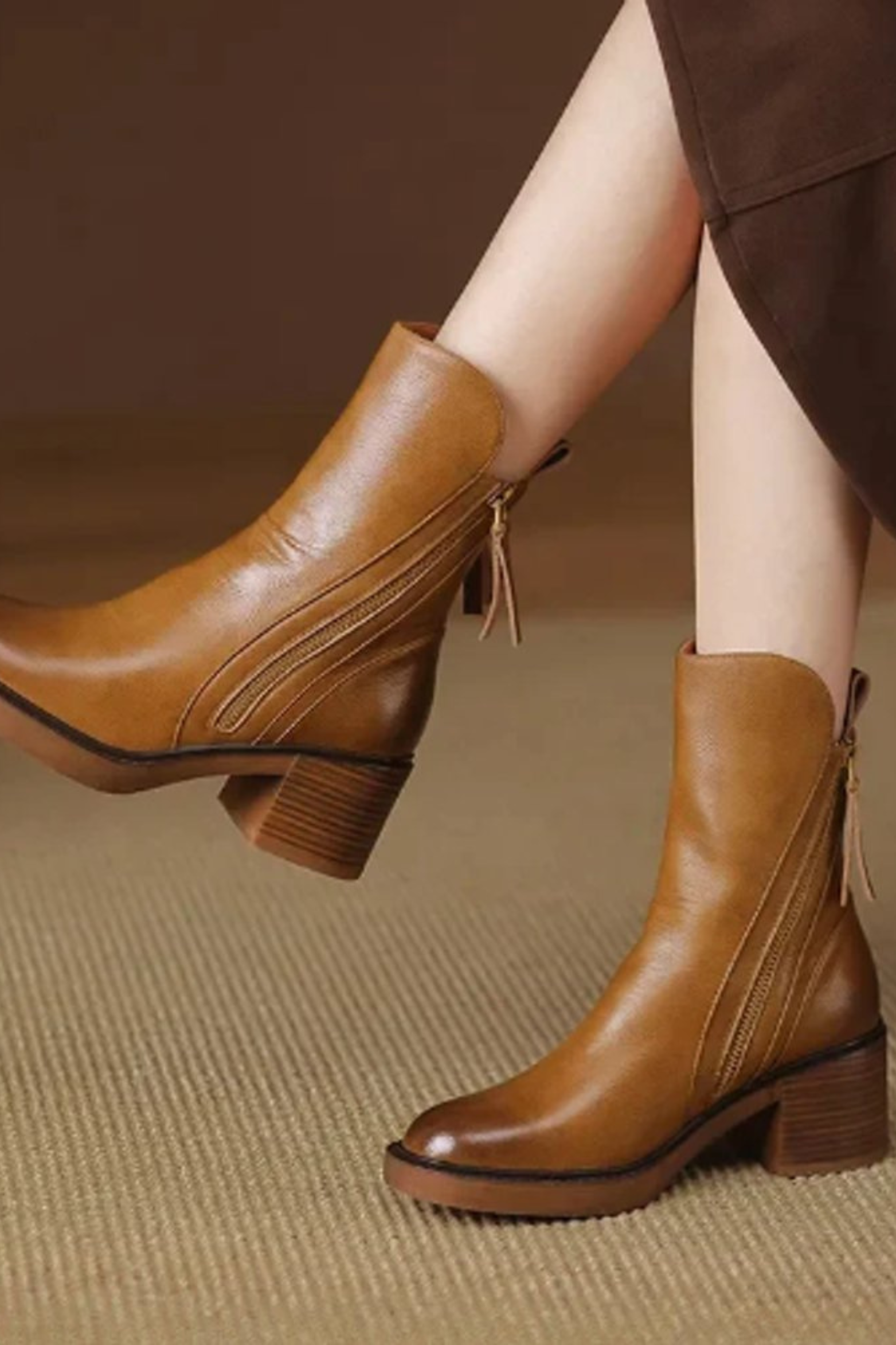 Women's Leather Block Heel Ankle Boots
