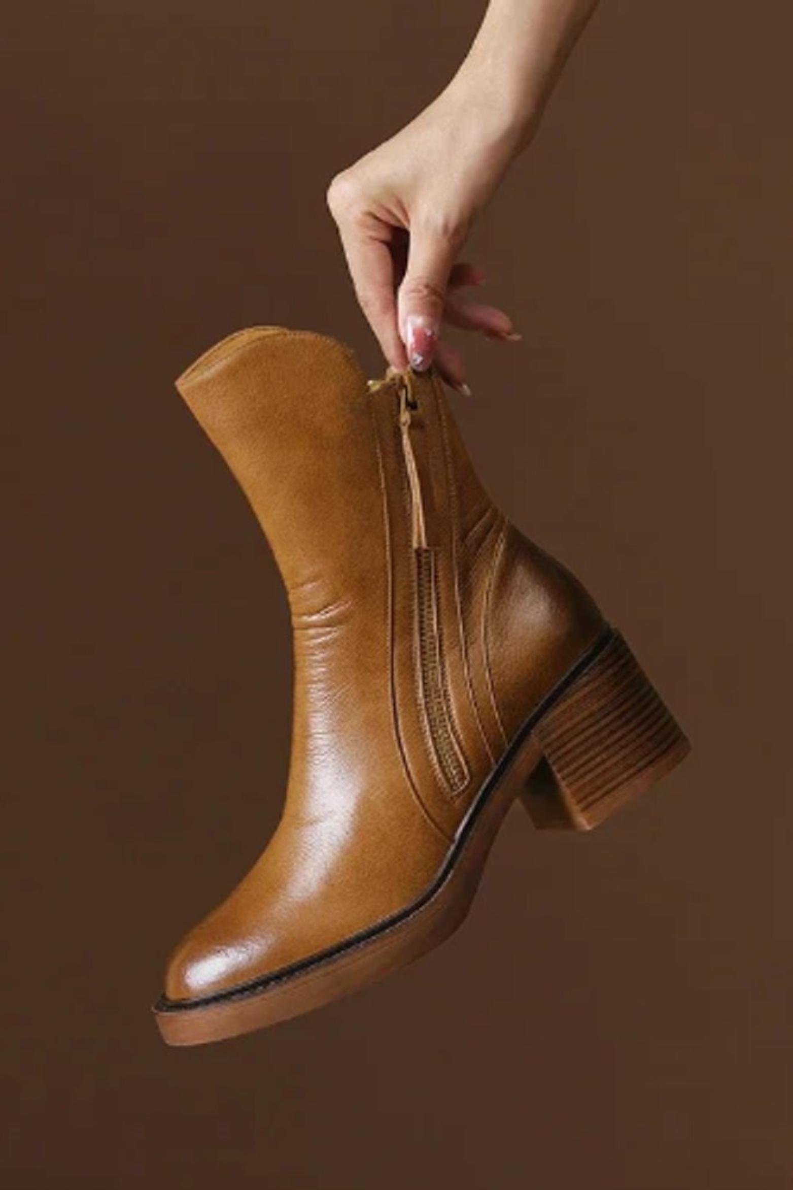 Women's Leather Block Heel Ankle Boots