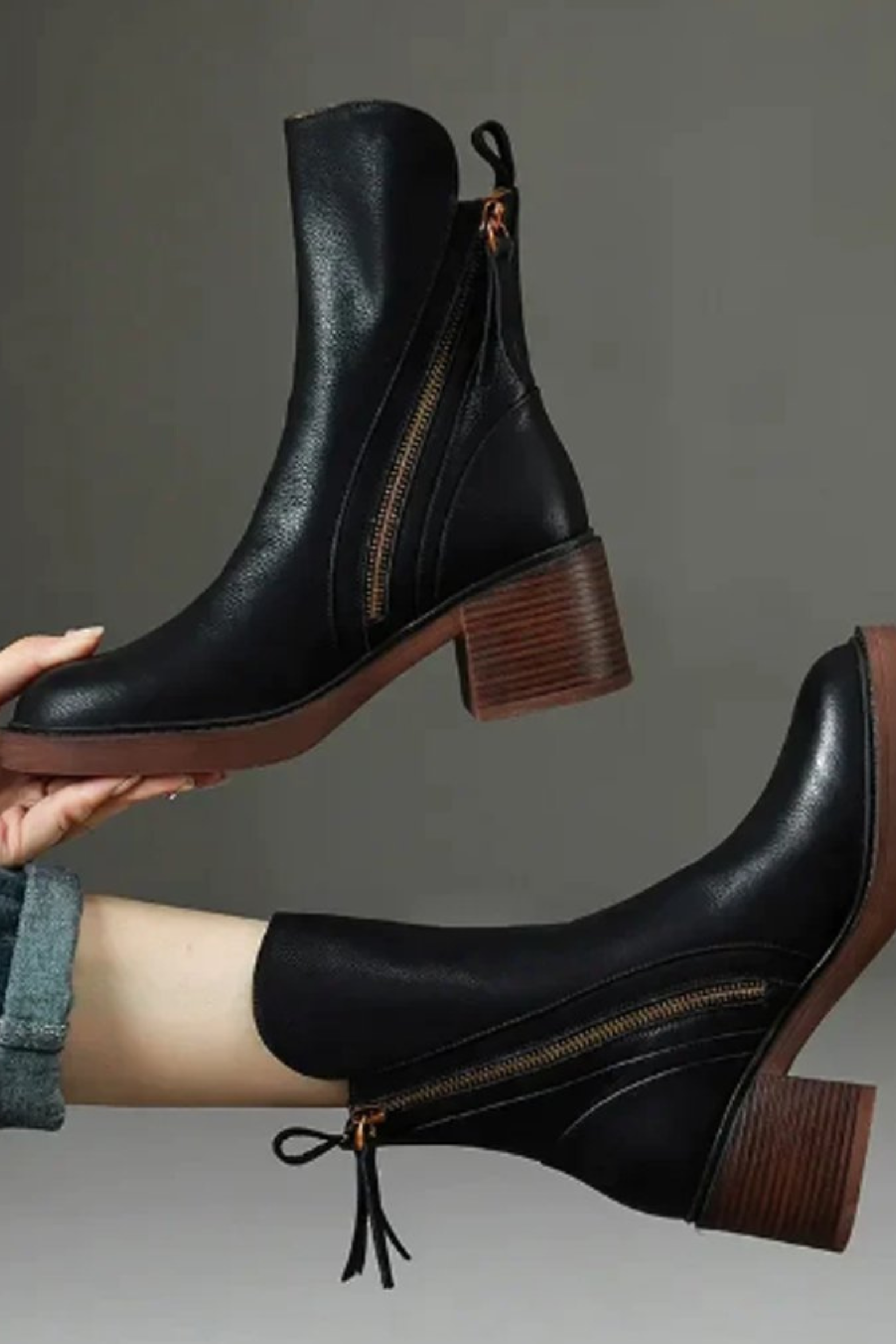 Women's Leather Block Heel Ankle Boots