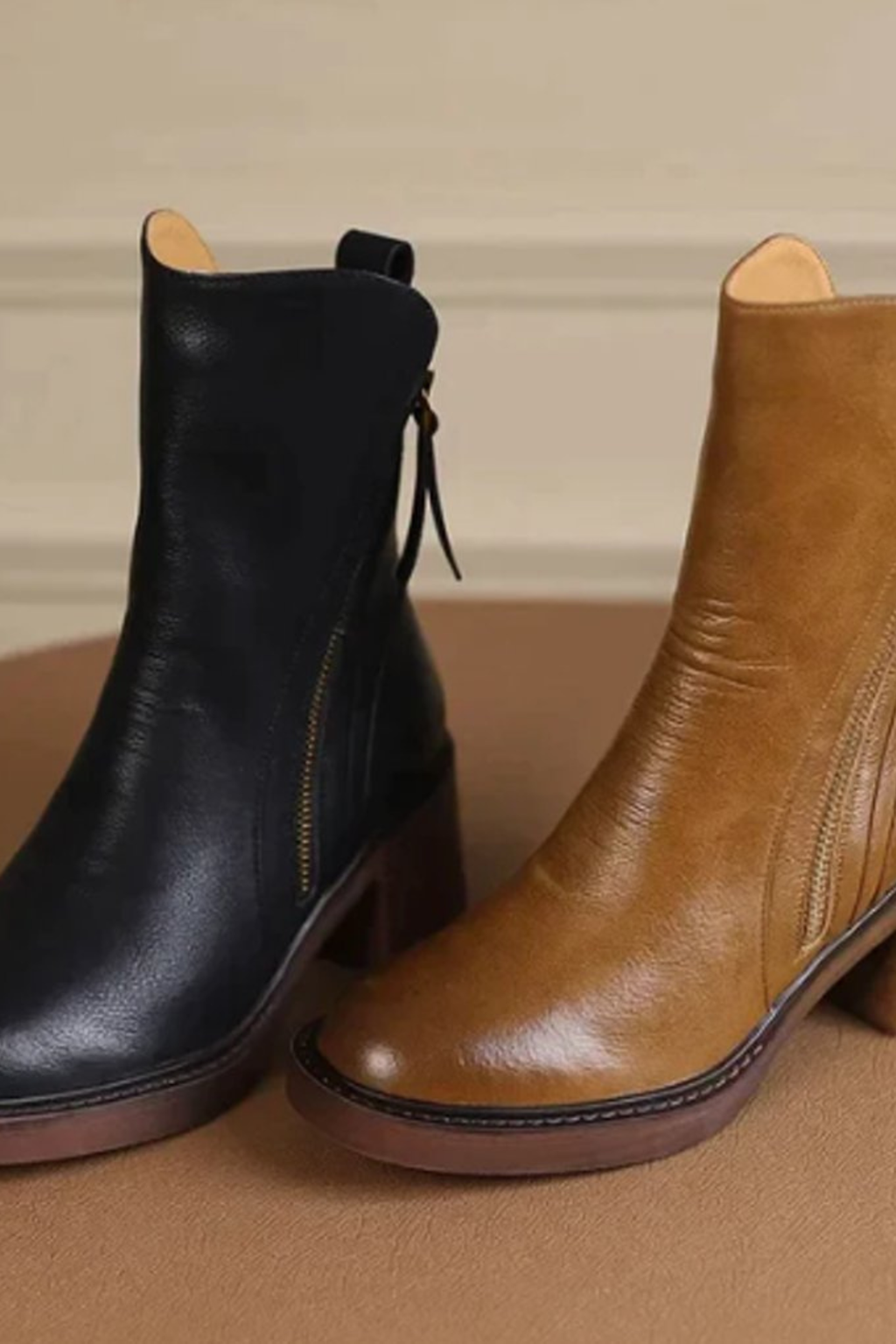 Women's Leather Block Heel Ankle Boots