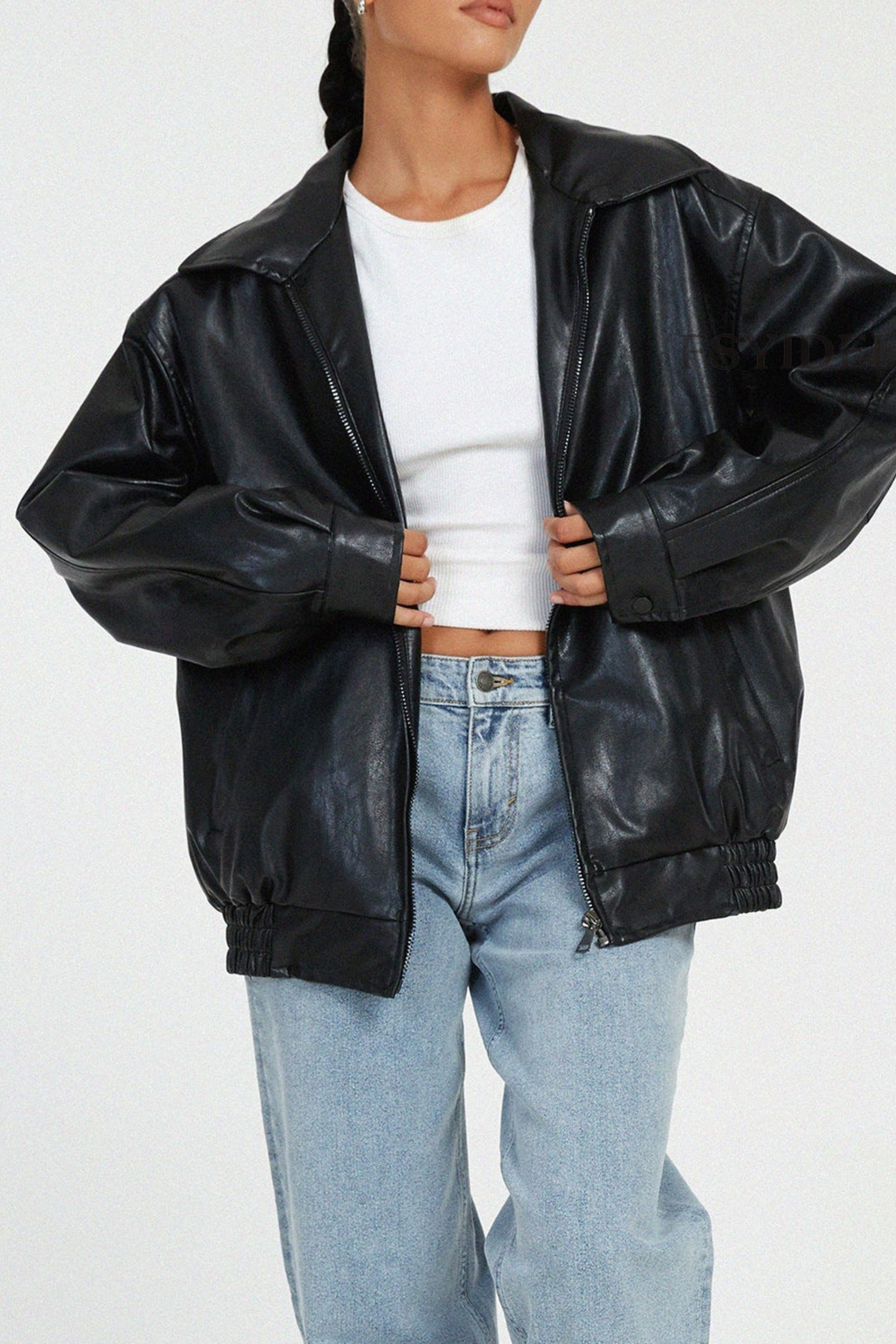 Women's Oversized Faux Leather Bomber Jacket
