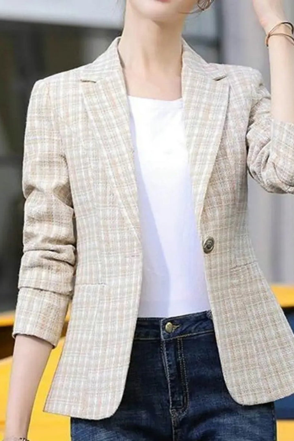 Women's Plaid Single Button Blazer
