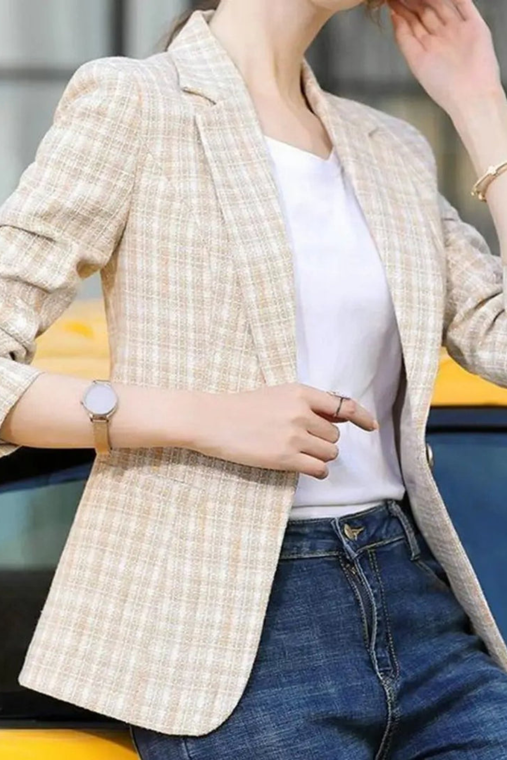 Women's Plaid Single Button Blazer