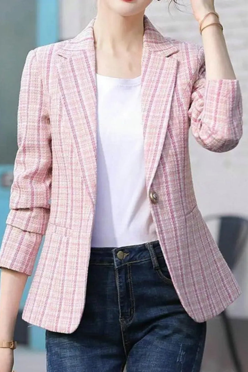 Women's Plaid Single Button Blazer