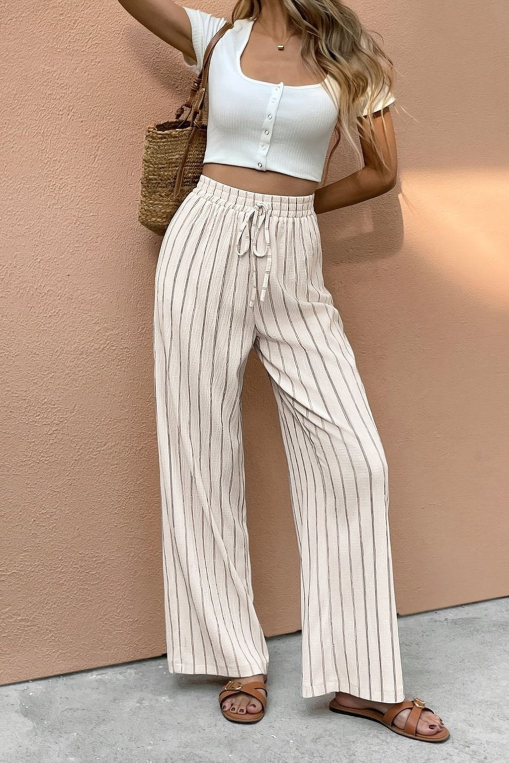 Women's Striped Drawstring Wide Leg Pants
