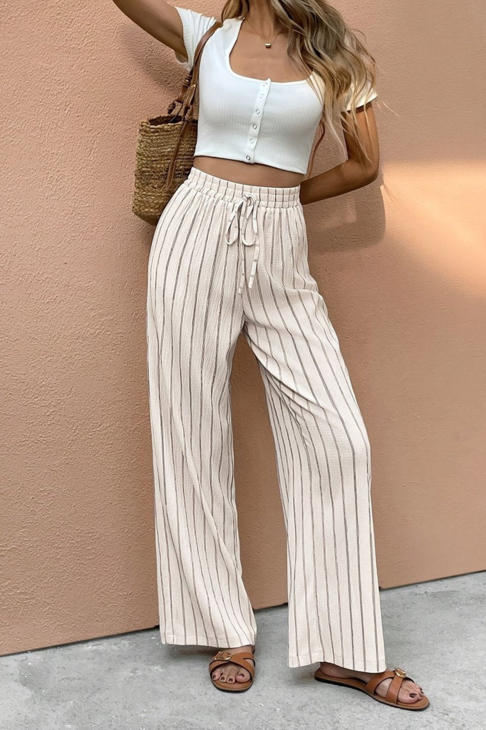 Women's Striped Drawstring Wide Leg Pants