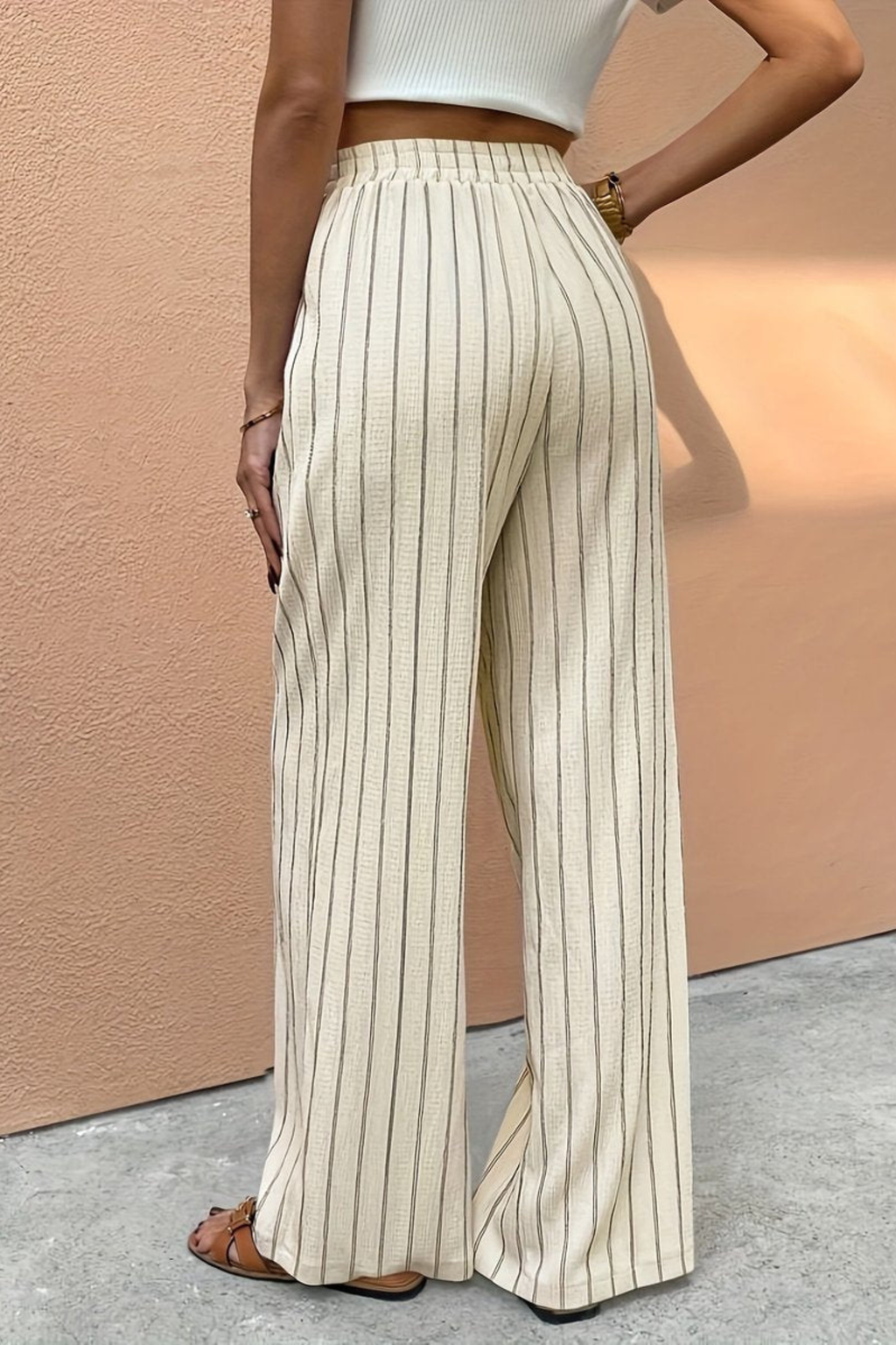 Women's Striped Drawstring Wide Leg Pants