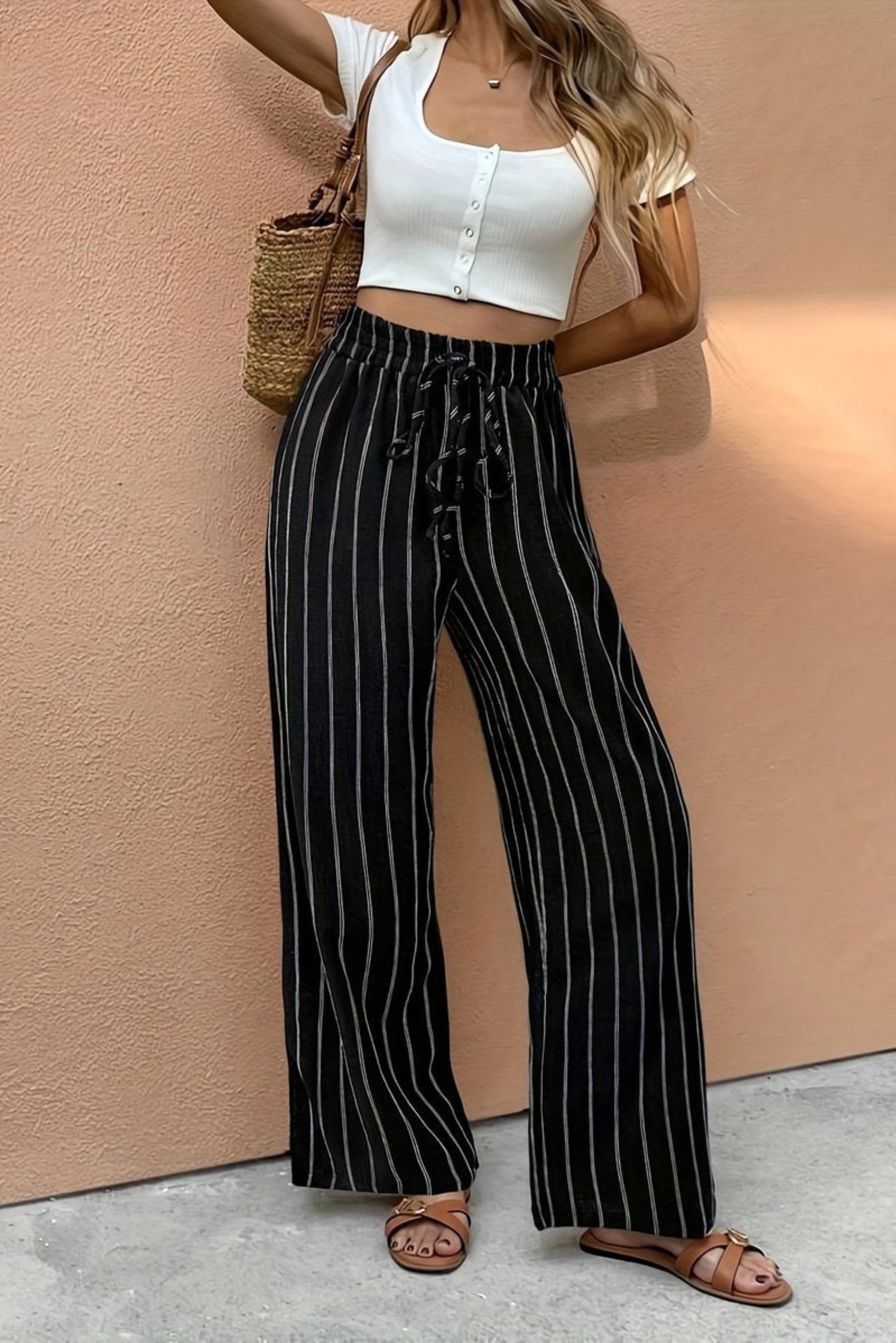 Women's Striped Drawstring Wide Leg Pants