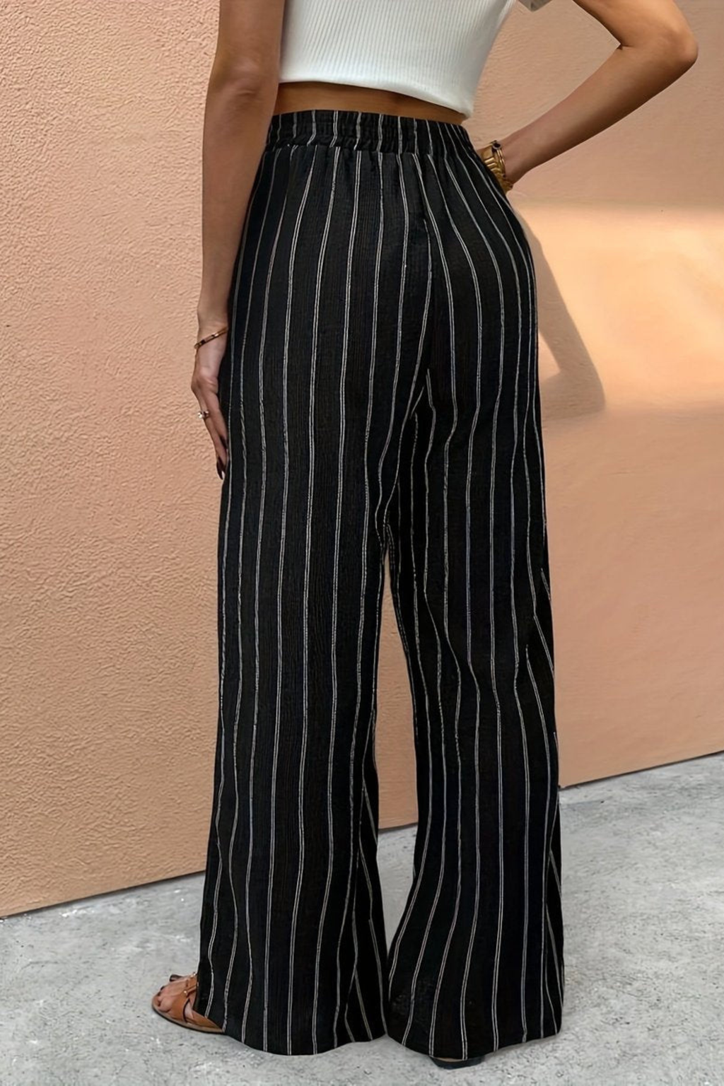 Women's Striped Drawstring Wide Leg Pants