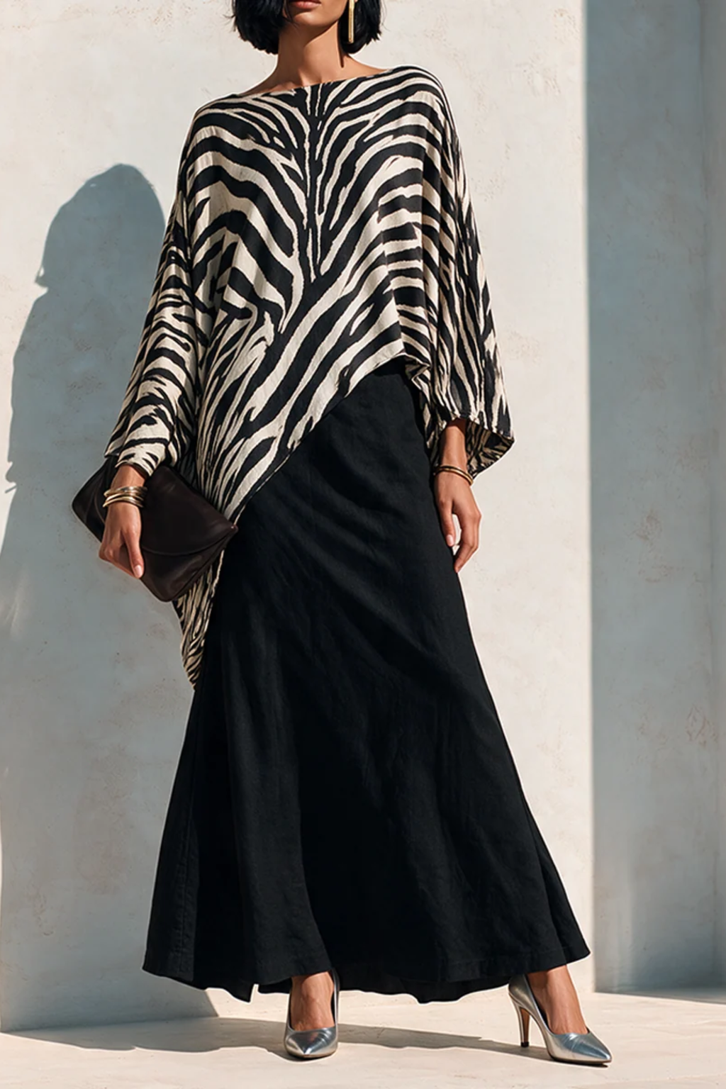 Zebra Print Asymmetric Top and Drape Skirt Set