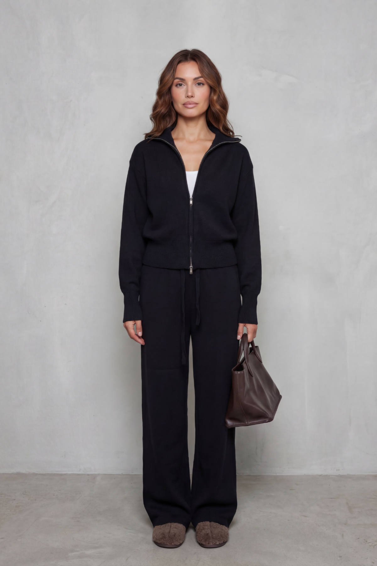 Zip Collar Wide Leg Lounge Set