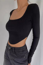 Square-Neck Irregular Hem Long-Sleeve Base Shirt