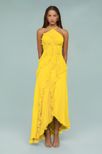 Pleated Frill Halter-Neck Maxi Dress