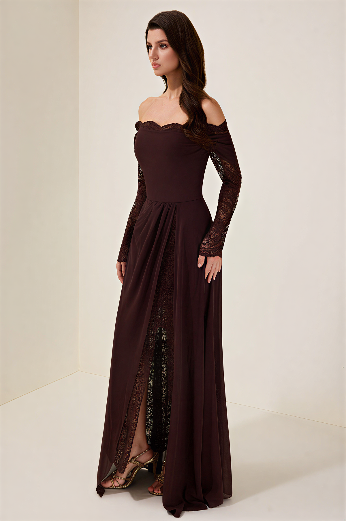 Lace Splicing Chiffon Off-Shoulder Maxi Dress