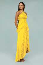 Pleated Frill Halter-Neck Maxi Dress
