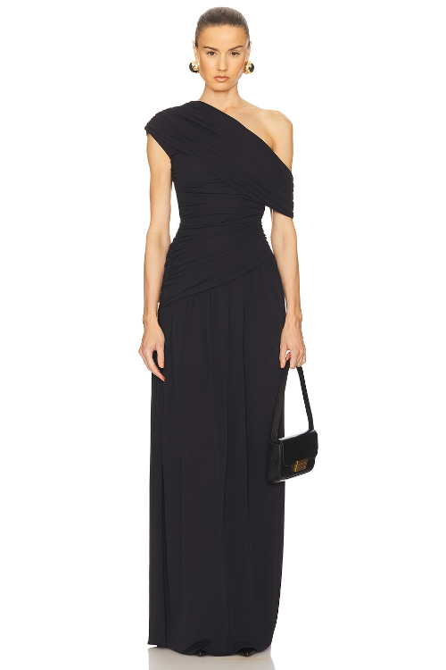 Gathered Solid One-Shoulder Maxi Dress