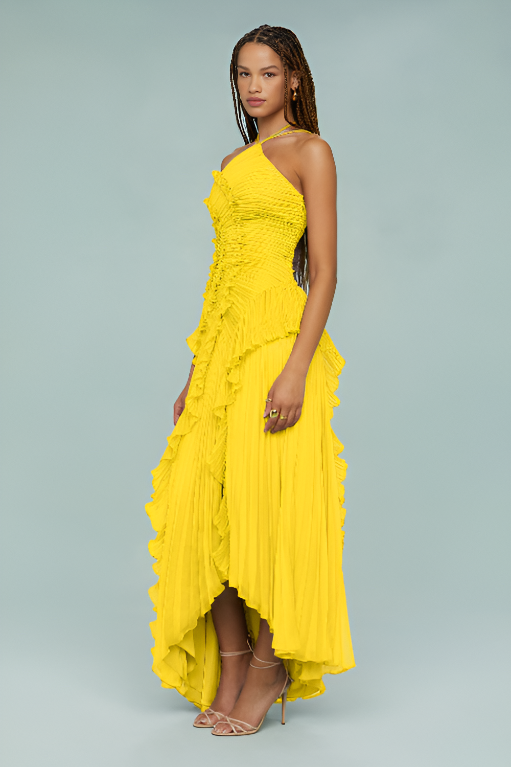 Pleated Frill Halter-Neck Maxi Dress