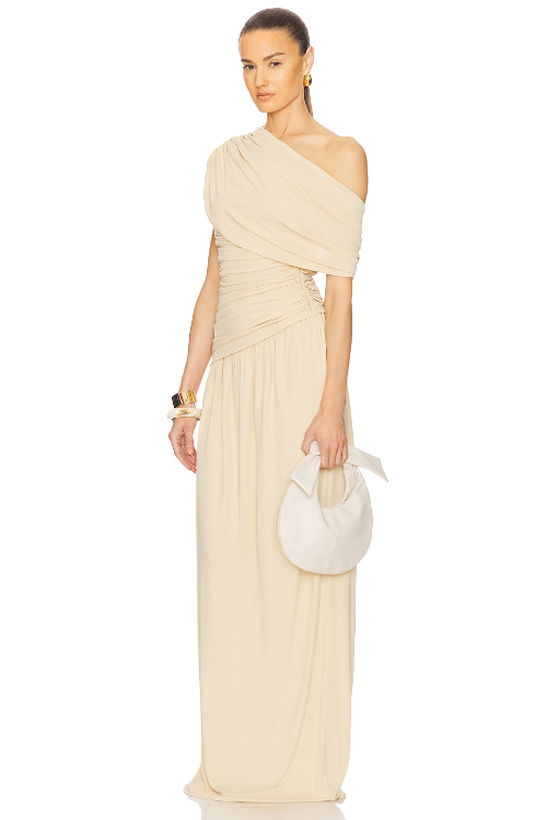 Gathered Solid One-Shoulder Maxi Dress
