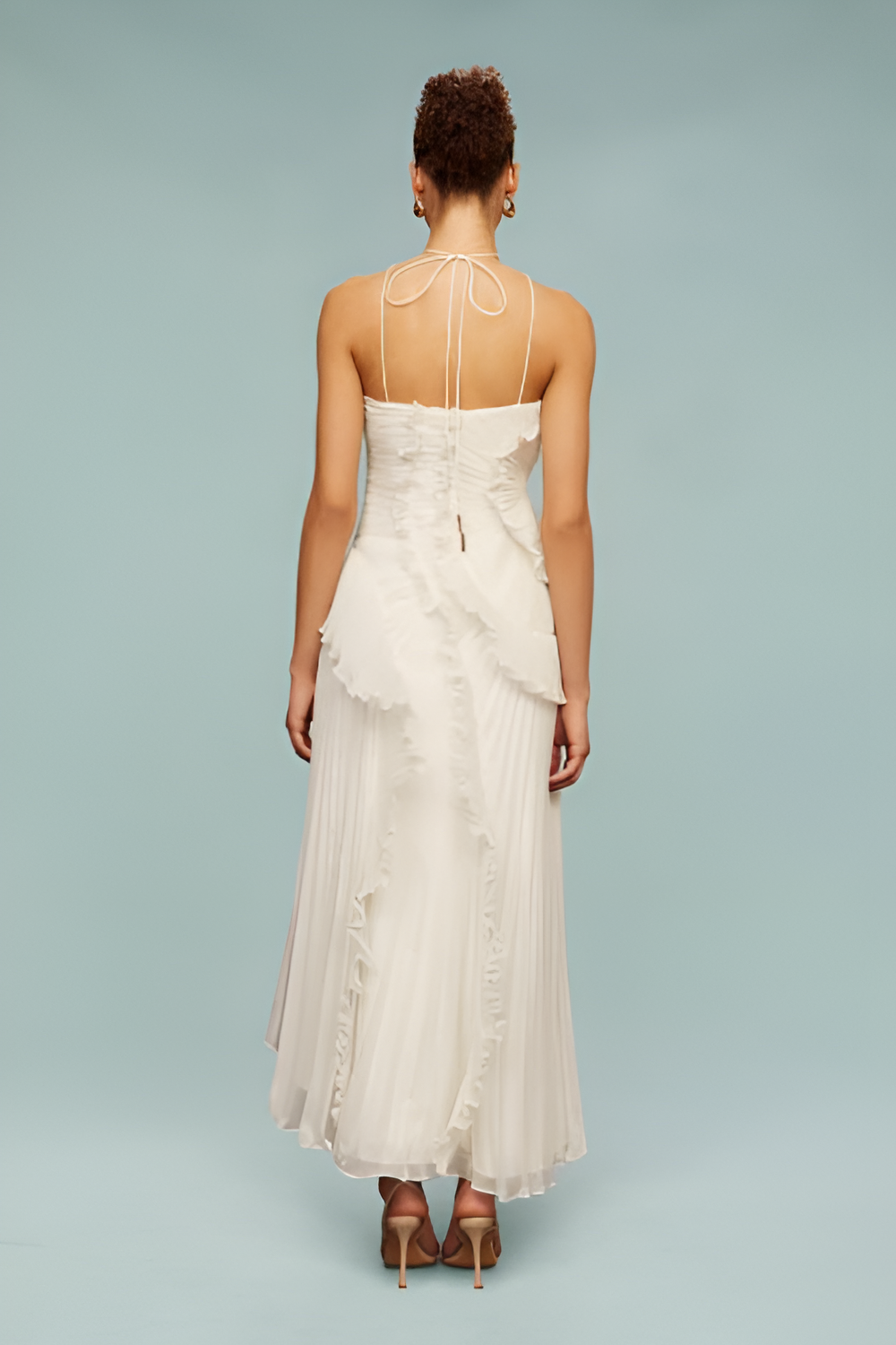 Pleated Frill Halter-Neck Maxi Dress