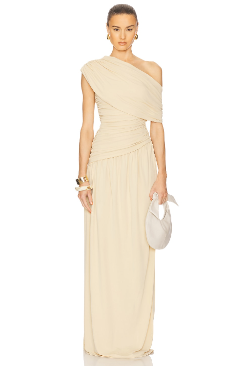 Gathered Solid One-Shoulder Maxi Dress