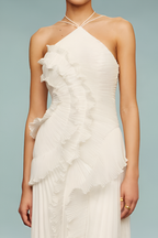 Pleated Frill Halter-Neck Maxi Dress