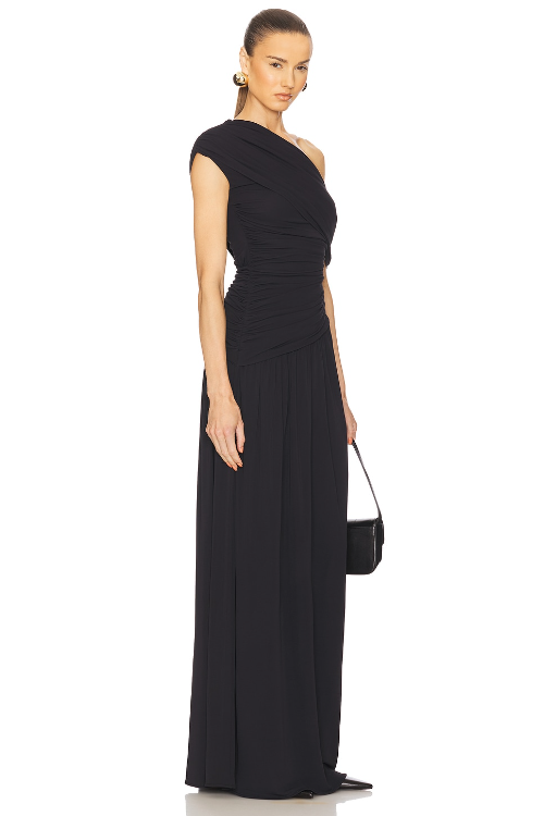 Gathered Solid One-Shoulder Maxi Dress