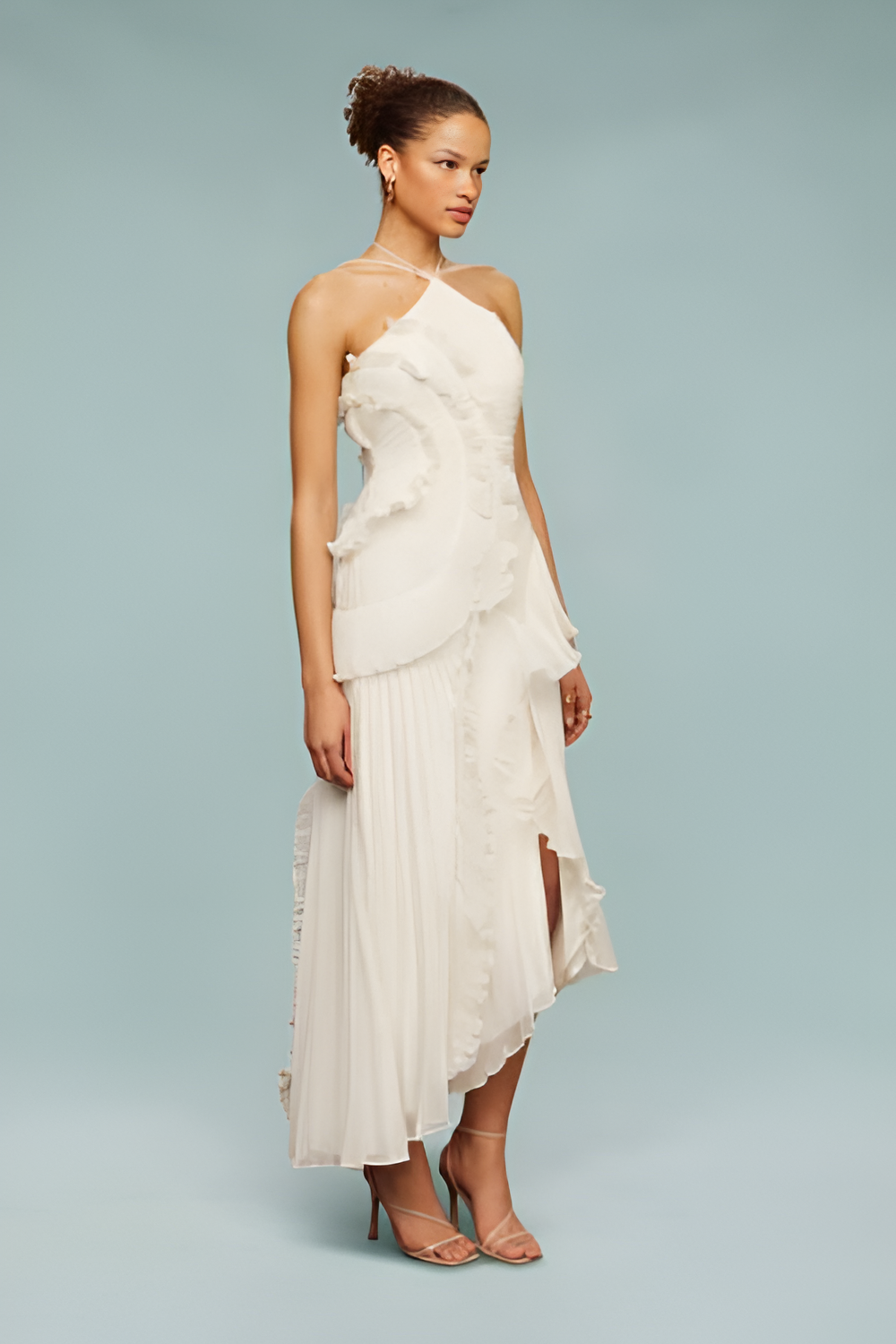 Pleated Frill Halter-Neck Maxi Dress