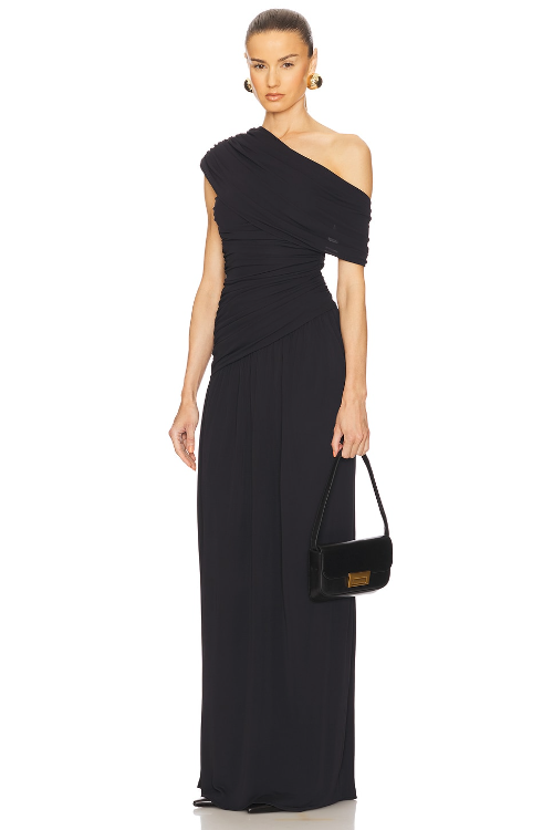 Gathered Solid One-Shoulder Maxi Dress