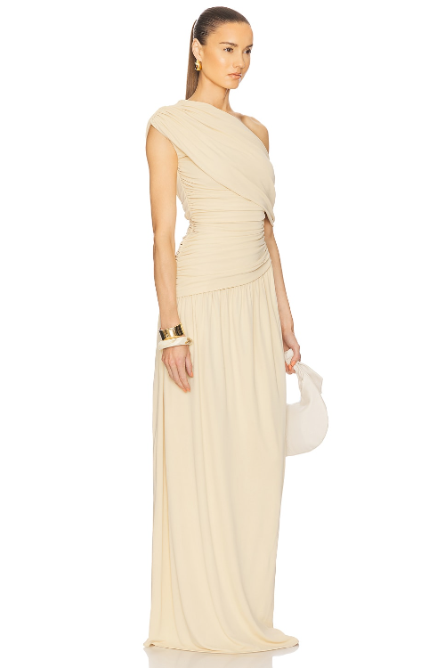 Gathered Solid One-Shoulder Maxi Dress