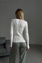 Milky White Shaped-Cut Ribbed Jumper