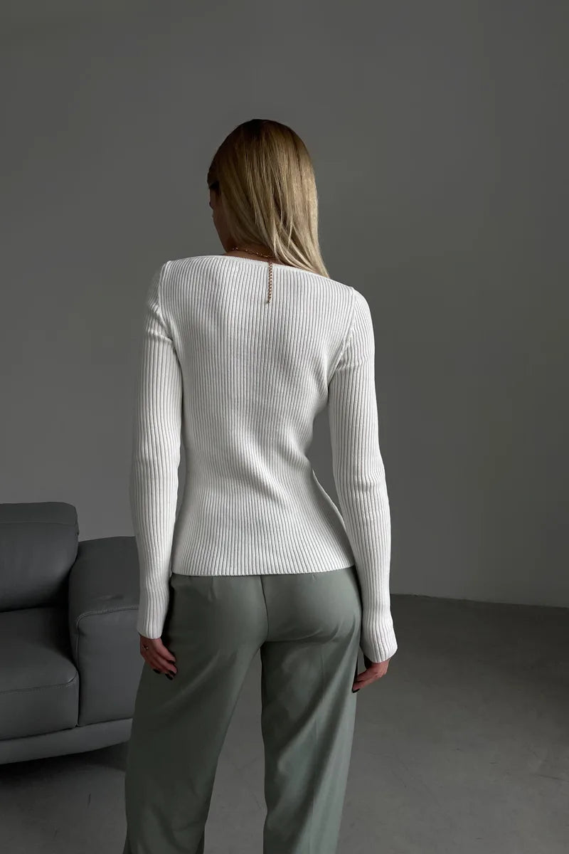 Milky White Shaped-Cut Ribbed Jumper