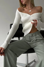 Milky White Shaped-Cut Ribbed Jumper