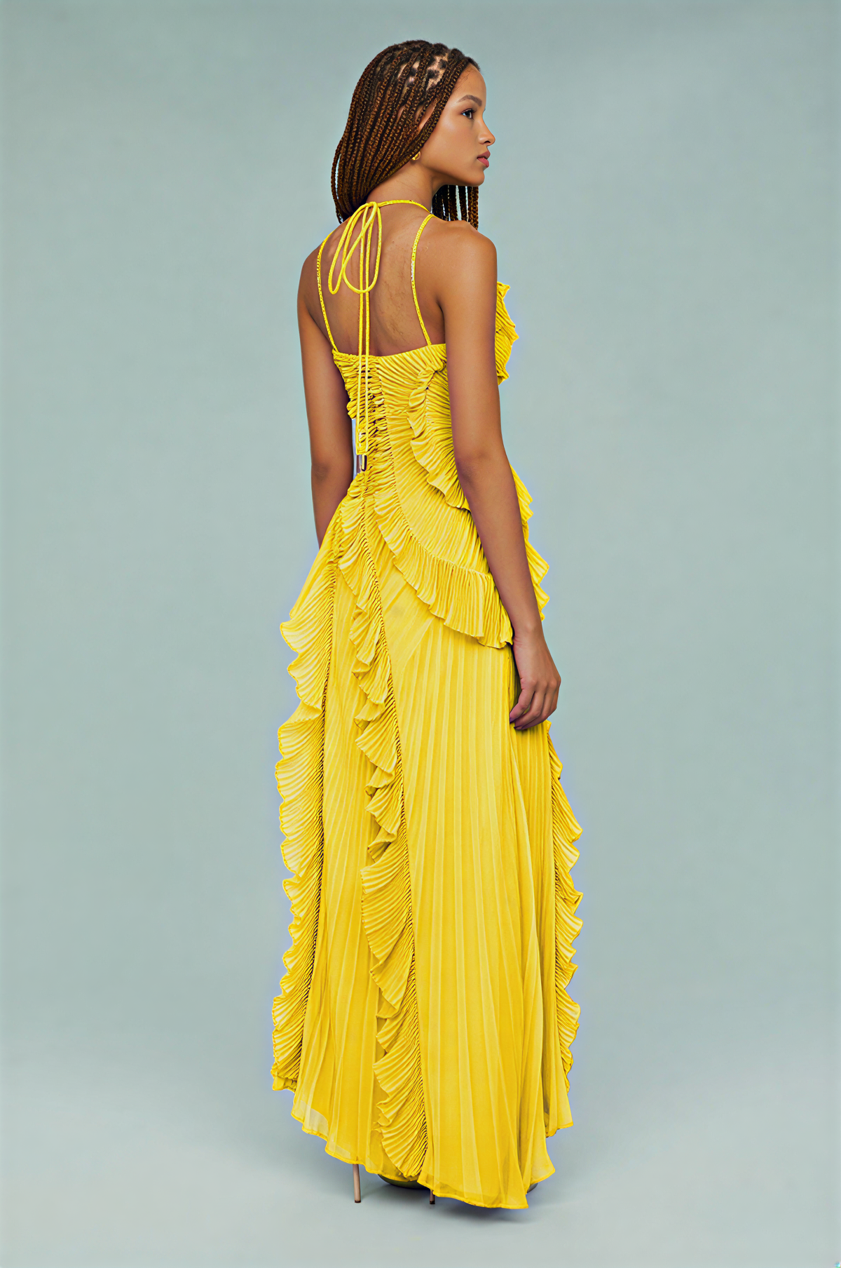 Pleated Frill Halter-Neck Maxi Dress