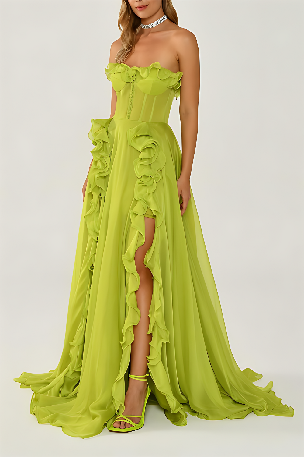 Solid Frill Sweetheart-Neck Sleeveless Maxi Dress