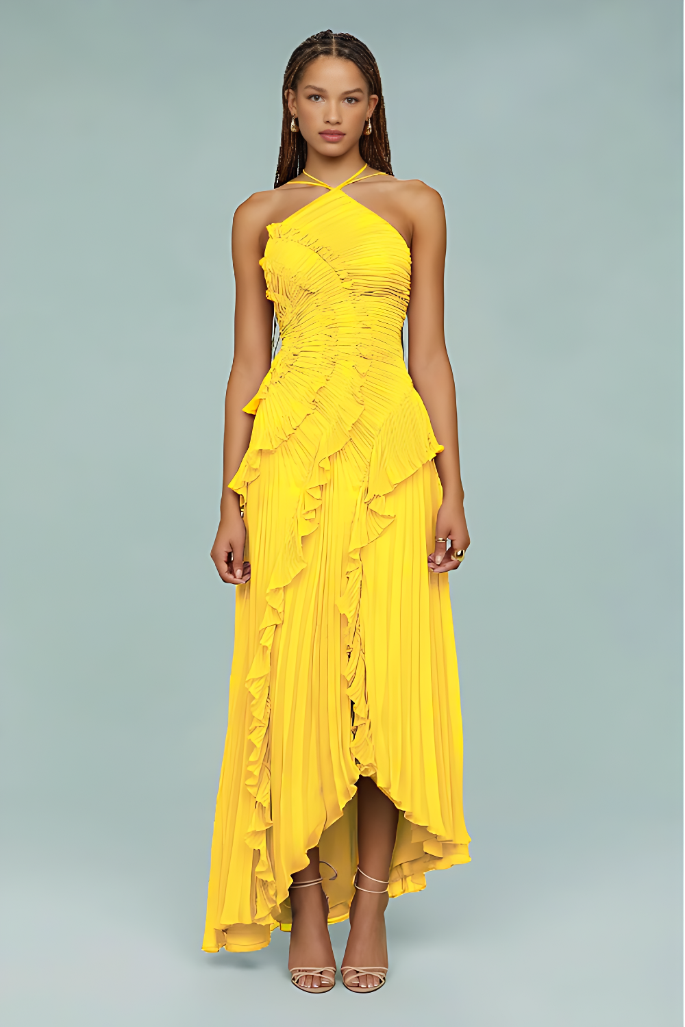 Pleated Frill Halter-Neck Maxi Dress